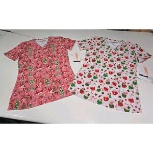 2 Elite Med Performance Women’s Scrub Tops S Christmas Tree Reindeer Coffee B10